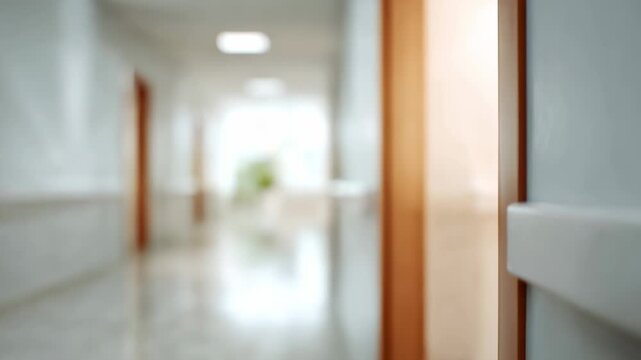 Clean and empty hospital corridor with natural light coming from a large window at the end, creating a peaceful and sterile atmosphere for healthcare and medical concepts