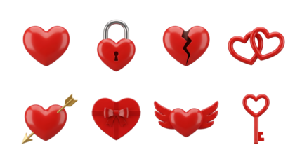 Red heart set including padlock, broken, entwined, winged, and key variants isolated. Romantic symbols for valentine and wedding design.