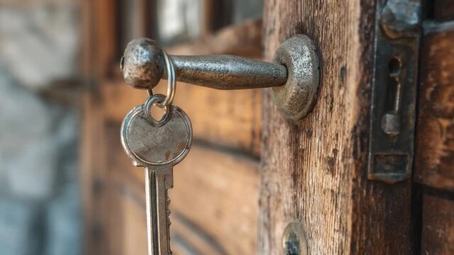 The Key to Secrets: An up-close view reveals a vintage key suspended from a worn door handle, the wooden door hinting at stories untold and secrets protected. 