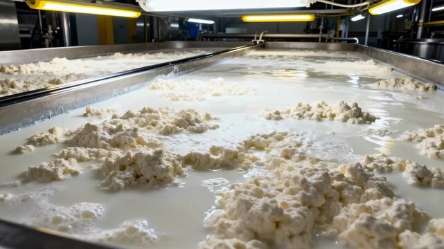 Medium shot capturing the curdling process with milk in open vats illuminated by industrial lighting emphasizing texture changes after rennet addition.
