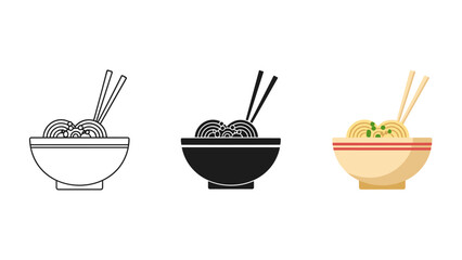 Ramen noodle bowls with chopsticks in line art black and colored versions
