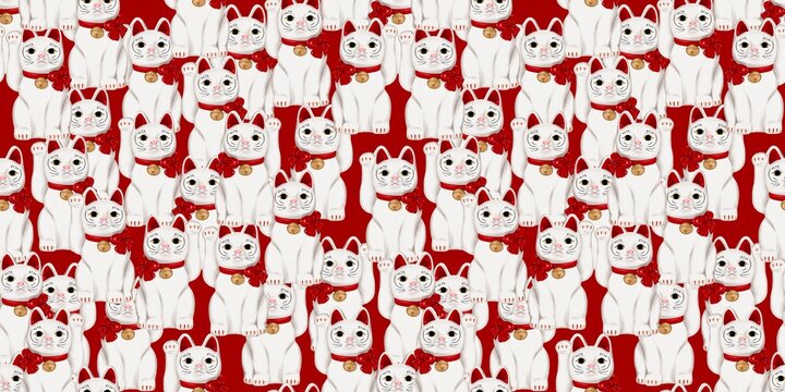 seamless pattern with Japanese white cat Japanese beckoning cat Lucky cat vintage toy travel Hand drawn illustration on red background