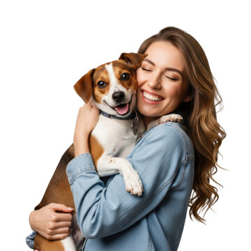 Woman hugging puppy isolated on transparent background