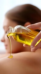 Massage therapist pouring oil on lady back, young woman enjoying spa, relaxed and happy, getting massage, concept of living real spa experience, wife in salon, future of wellness, couple's retreat.