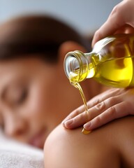 Massage therapist pouring oil on lady back, young woman enjoying spa, relaxed concept, therapist giving massage, happy couple, wife getting spa, with facial, living real estate future, salon scene.