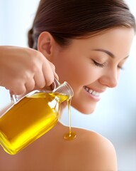 Massage therapist pouring oil on lady back, young woman enjoying spa, relaxed and happy, with couple concept, getting facial massage, wife smiling, salon experience, real estate future, living