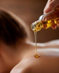 Massage therapist pouring oil on lady back, woman enjoying spa, young and relaxed, concept of happiness with couple, therapist giving real estate living, future salon, keys to a happy wife.