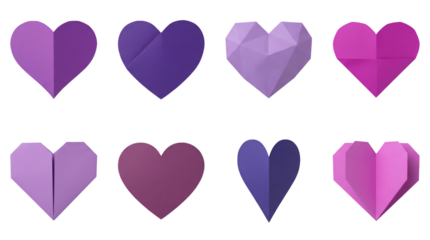 Purple paper heart set including various folded origami and faceted designs isolated. Romantic craft decoration for valentines day.
