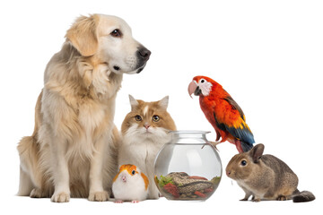High-quality realistic group of domestic animals sitting together in a calm and friendly pose. Dogs, cats, birds and small pets are arranged side by side, looking directly at the camera. The image is 