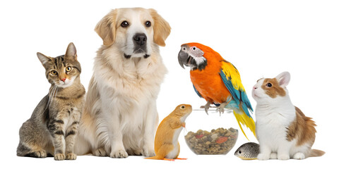 High-quality realistic group of domestic animals sitting together in a calm and friendly pose. Dogs, cats, birds and small pets are arranged side by side, looking directly at the camera. The image is 