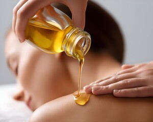 Massage therapist pouring oil on lady back, young woman enjoying spa, relaxed and happy, future concept, salon experience, wife getting massage, living real estate lifestyle, couple's facial