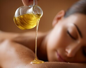 Massage therapist pouring oil on lady back, young woman enjoying spa, happy and relaxed, concept of living and future wellness, getting massage, real estate and insurance, couple's session, salon