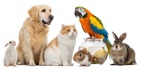 High-quality realistic group of domestic animals sitting together in a calm and friendly pose. Dogs, cats, birds and small pets are arranged side by side, looking directly at the camera. The image is 
