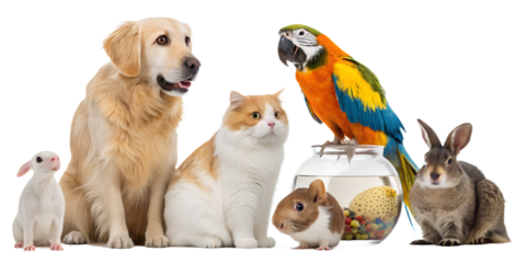 High-quality realistic group of domestic animals sitting together in a calm and friendly pose. Dogs, cats, birds and small pets are arranged side by side, looking directly at the camera. The image is 