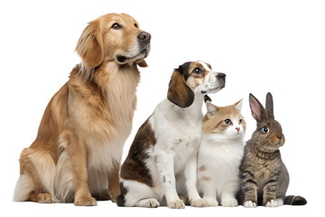High-quality realistic group of domestic animals sitting together in a calm and friendly pose. Dogs, cats, birds and small pets are arranged side by side, looking directly at the camera. The image is 