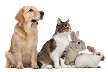High-quality realistic group of domestic animals sitting together in a calm and friendly pose. Dogs, cats, birds and small pets are arranged side by side, looking directly at the camera. The image is 