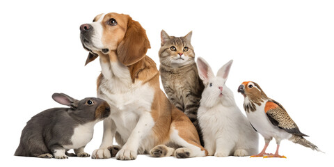 High-quality realistic group of domestic animals sitting together in a calm and friendly pose. Dogs, cats, birds and small pets are arranged side by side, looking directly at the camera. The image is 