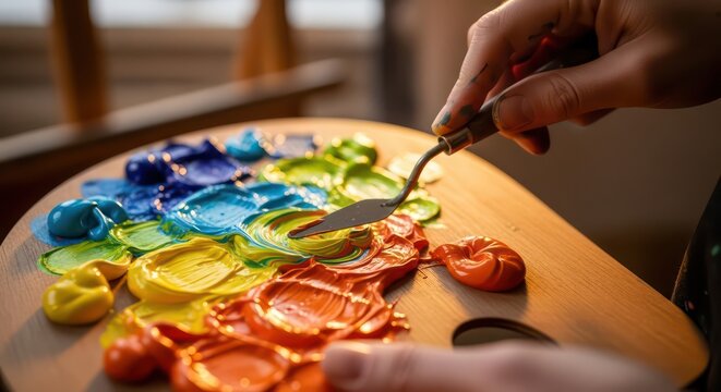 Artist mixing vibrant rainbow oil paints on a wooden palette with a palette knife.