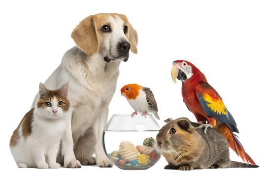 High-quality realistic group of domestic animals sitting together in a calm and friendly pose. Dogs, cats, birds and small pets are arranged side by side, looking directly at the camera. The image is 