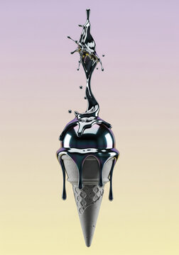 Surreal metallic ice cream cone with chrome liquid splash and drips on soft pastel gradient, a futuristic dessert concept for modern design c6 j