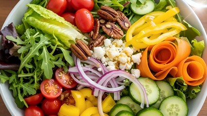 Fresh Colorful Salad with Cherry Tomatoes Cucumber Lettuce Red Onion Yellow Bell Pepper Pecan Nuts and Carrot Ribbons