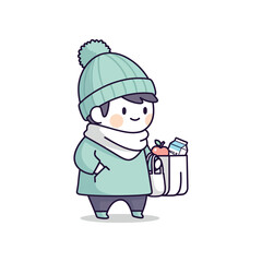 Obraz premium Cartoon character in green clothing holds bag with items on a white background illustration