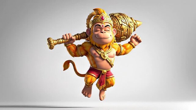 Happy Hanuman Jayanti Cute 3D Cartoon Deity Jumping with Gada