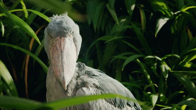 Shoebill stork portrait in tropical foliage with dramatic natural light and intense gaze