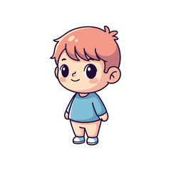 Fototapeta premium A cute cartoon boy stands smiling in a blue shirt and shorts outdoors.