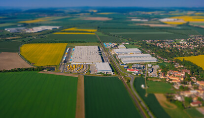 Aerial view of large industrial warehouse complex.