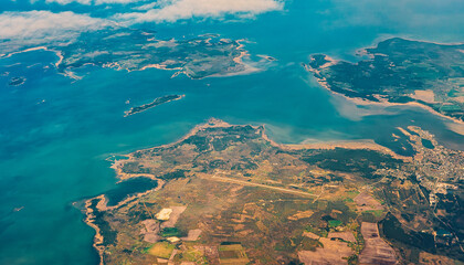 Aerial view of Vormsi island and Haapsalu city in Estonia.