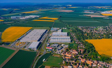Aerial view of large industrial warehouse complex.