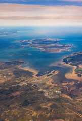 Aerial view of Vormsi island and Haapsalu city in Estonia.