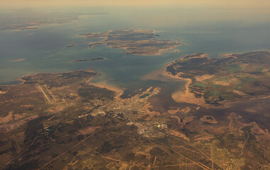 Aerial view of Vormsi island and Haapsalu city in Estonia.