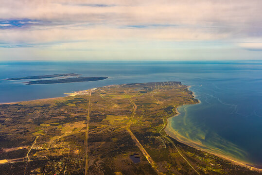 Aerial view of Paldiski, wind farm and Pakri Islands.
