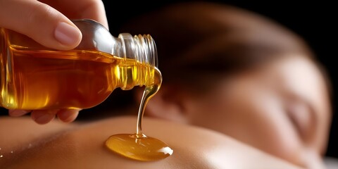 Massage therapist pouring oil on lady back, young woman enjoying spa, relaxed and happy, concept of wellness, getting massage, couple's salon, real estate future, living with wife, insurance keys