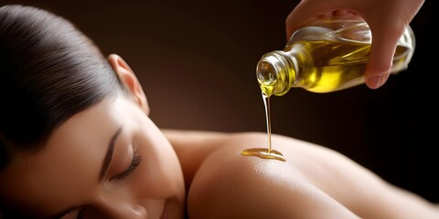 Massage therapist pouring oil on lady back, young woman enjoying spa, relaxed wife getting massage, concept of happy couple, living real spa experience, future salon facial, insurance keywords.
