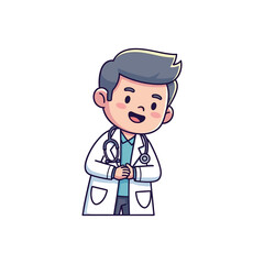 Fototapeta premium A cartoon illustration of a smiling doctor in a white lab coat.