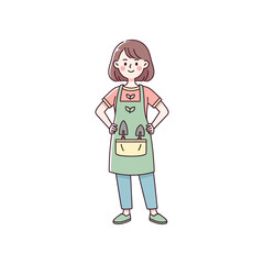 Obraz premium A smiling woman gardener holding tools in her apron pocket, standing confidently in a simple illustration.