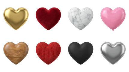 Heart shape set including gold, velvet, marble, balloon, wood, knitted, matte black, and silver textures isolated. Romantic collection for valentines day and wedding design.