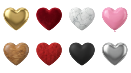 Heart shape set including gold, velvet, marble, balloon, wood, knitted, matte black, and silver textures isolated. Romantic collection for valentines day and wedding design.