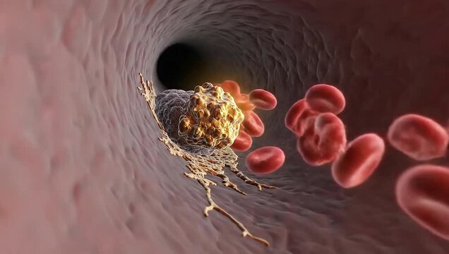 Detailed 3d illustration shows dangerous yellow plaque blocking blood flow in a human artery.
