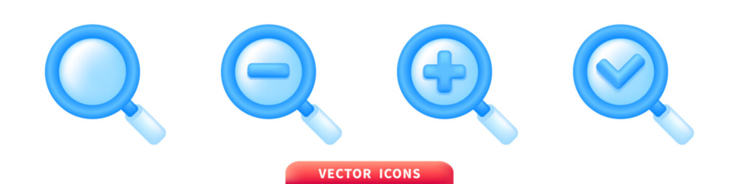 Blue  3D Search and Zoom Icon Set for UI and App Design Flat vector illustration