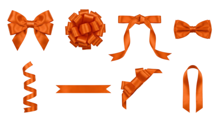Orange satin ribbon set including decorative gift bows, curls, and strips isolated. Birthday and holiday parcel wrapping collection.