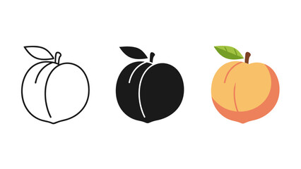 Three stylized peach illustrations in different styles on white background varying in line art solid fill
