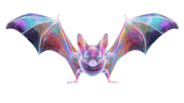 colorful wireframe bat flying wings spread detailed 3d animal mesh illustration isolated on white background - Powered by Adobe