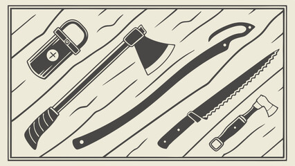 Rustic Survival Tools and Camping Gear Collection for Outdoor Adventure and Bushcraft Design Projects