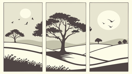 Serene Savannah Landscape Triptych Panel Art for Rustic Home Decor Wall Print Peaceful Nature Scene