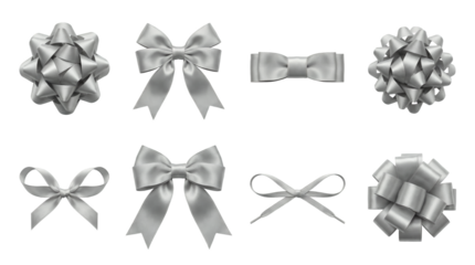 Silver satin ribbon bows set including star, classic, shoelace, and gift wrap styles isolated. Elegant festive decorative collection for holidays.