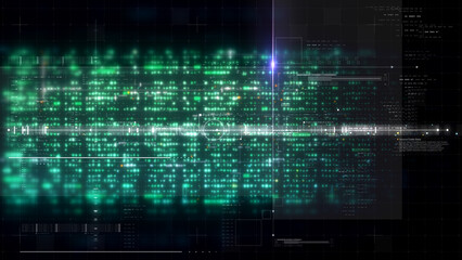 Obraz premium Futuristic screen display matrix, hi-tech digital data telemetry with encrypted numbers, display dynamic background for computer desktop screen display format